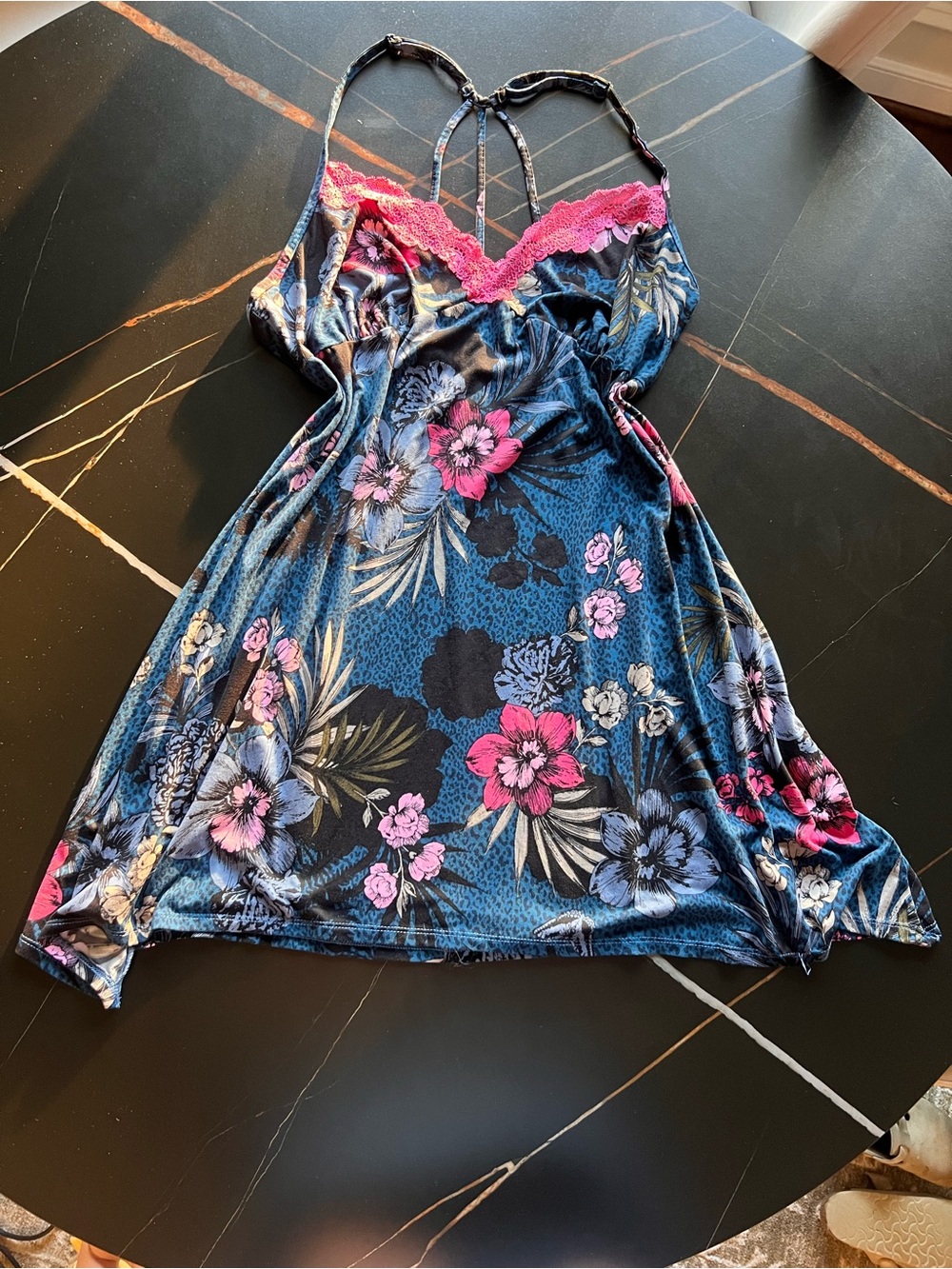 Secret Treasures Blue Floral Slip with Pink Lace Trim